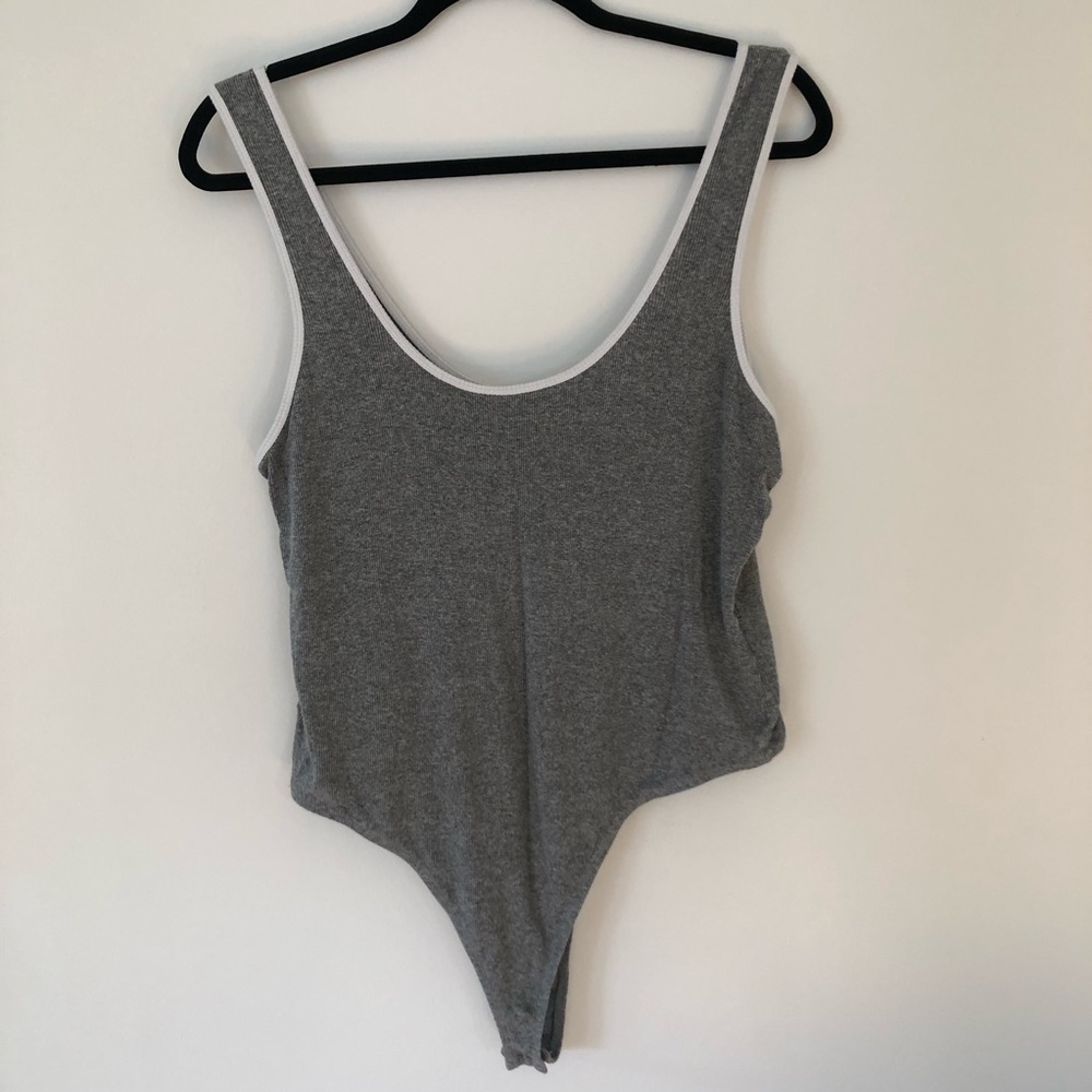 Grey high cut thong bodysuit